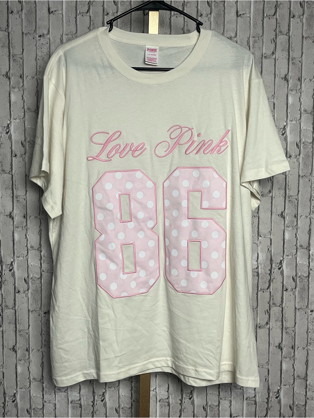 VICTORIAS SECRET PINK Campus Cotton Tee Cozy White Love Pink 86 Logo Top L EUC